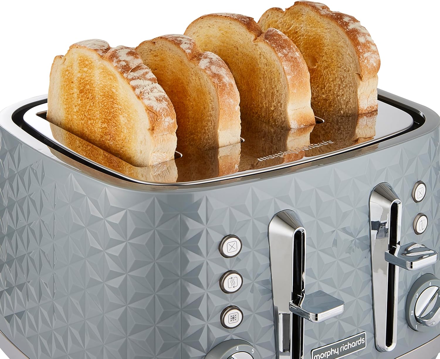 4 Slice Toaster – High Gloss Geometric Design, Defrost & Reheat, Wide Slots, Removable Crumb Tray – Grey