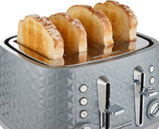 4 Slice Toaster – High Gloss Geometric Design, Defrost & Reheat, Wide Slots, Removable Crumb Tray – Grey