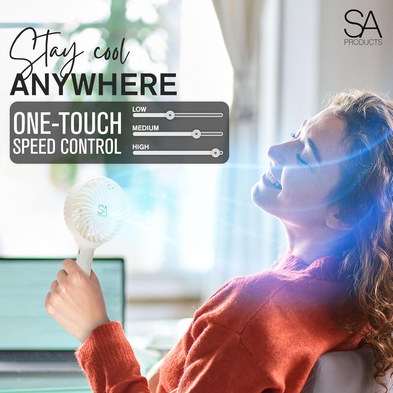 SA Products Handheld Fan with 3 Speeds | 3000 mAh USB Rechargeable Portable Mini Fan with Stand | Desk & Handheld Use – White