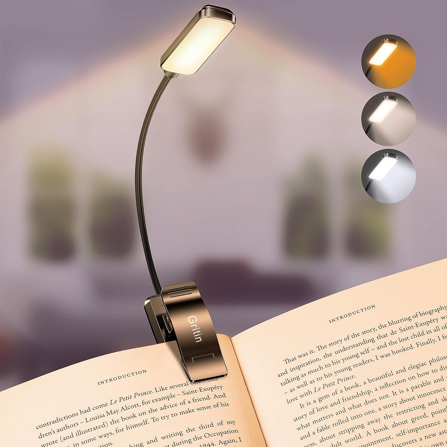 9 LED Clip-On Book Light, 3 Modes, Stepless Dimming, Rechargeable, Long Battery Life