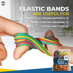400-Pack Coloured Elastic Rubber Bands, Assorted Sizes for Home, Office & Crafts