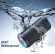Waterproof Bluetooth speaker with water splashes around it, featuring IPX7 rating.