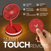 VENTY Portable Fan - Wireless, Battery Operated, 48HR Run Time, Oscillating, Remote Control & LED Lighting, Folding Telescopic Camping Fan (Red with Case)