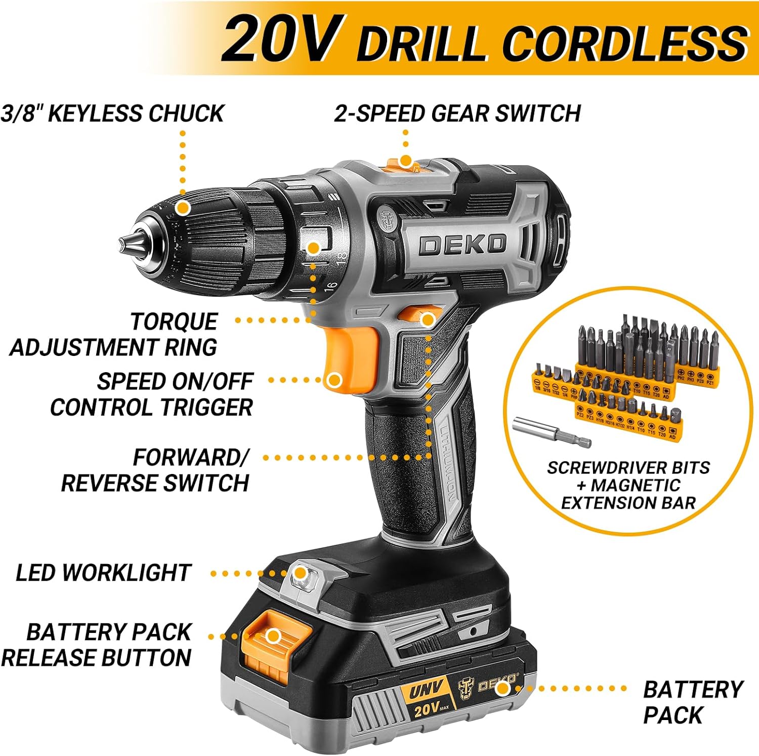 Cordless Drill Tool Kit Set: DEKO 20V Power Drill Tool Box with Battery Electric Drill Driver for Men Home Hand Repair Basic Toolbox Tools Sets Drills Case,186 Pieces
