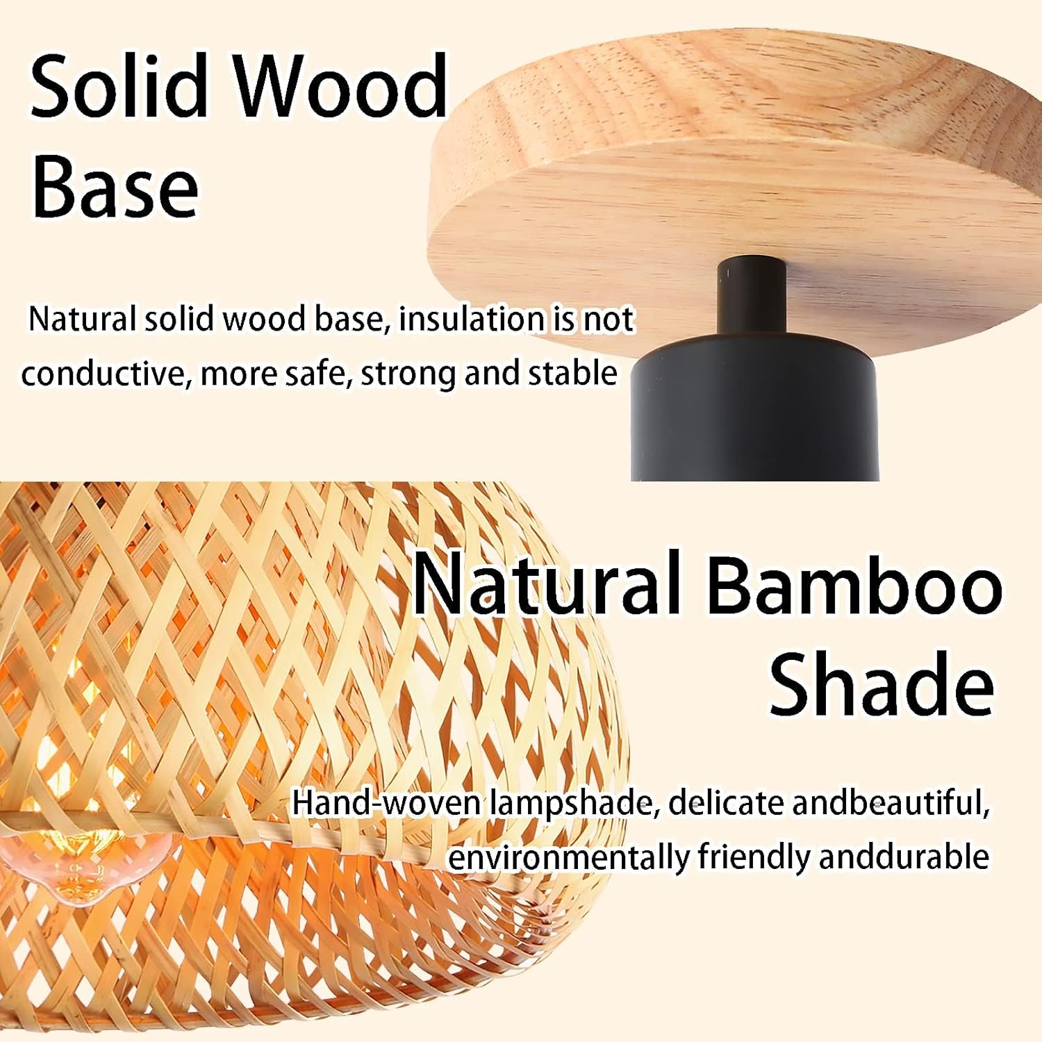 Bamboo Rattan Ceiling Light – Handmade Boho Semi-Flush Farmhouse Fixture for Rooms