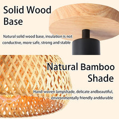 Bamboo Rattan Ceiling Light – Handmade Boho Semi-Flush Farmhouse Fixture for Rooms