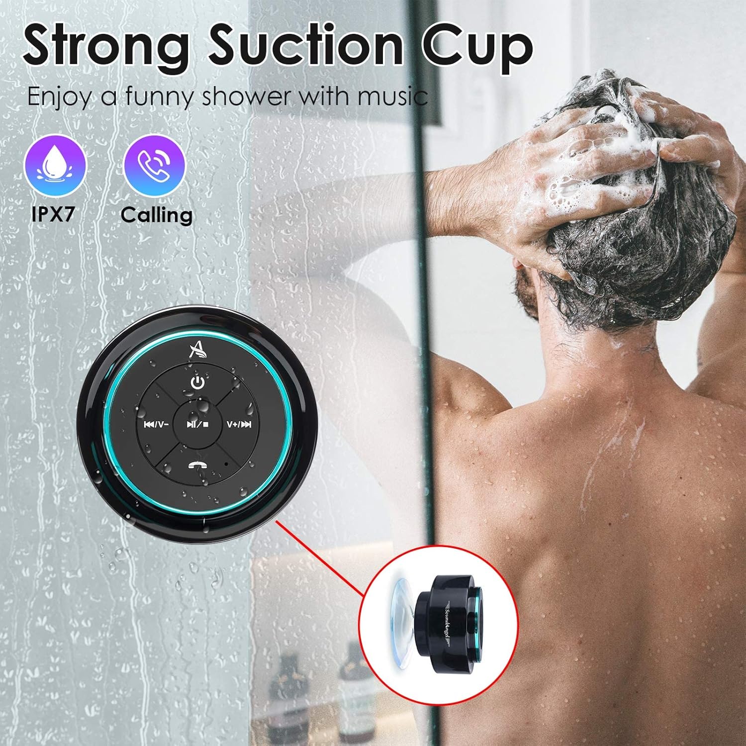 Shower head with strong suction cup and music feature, person using shower head with water droplets.