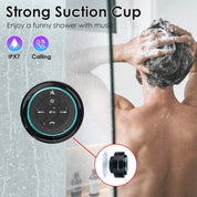 Shower head with strong suction cup and music feature, person using shower head with water droplets.