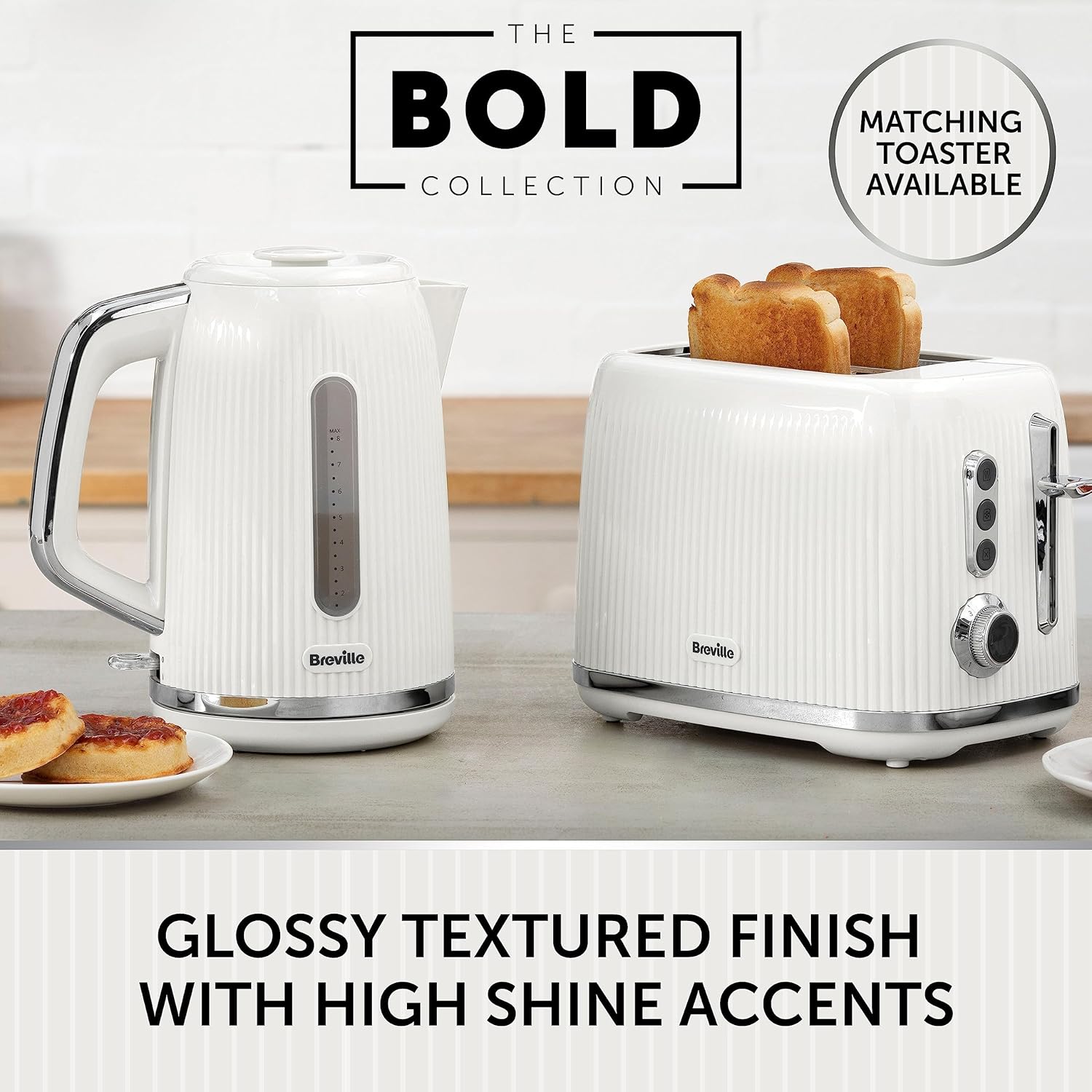 Bold White Electric Kettle – 1.7L Capacity, 3kW Fast Boil, Gloss Textured Design with Chrome Accents, Easy Clean & Cord Storage