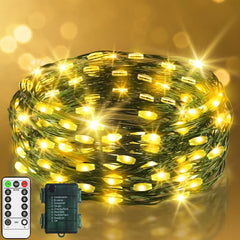 9.9ft 60 LED Fairy Lights Battery Operated String Lights Green Copper Wire Christmas Lights with Remote Timer 8 Modes for Tree Greenery Bedroom Garland Wreath Garden Wedding Decoration-Warm White