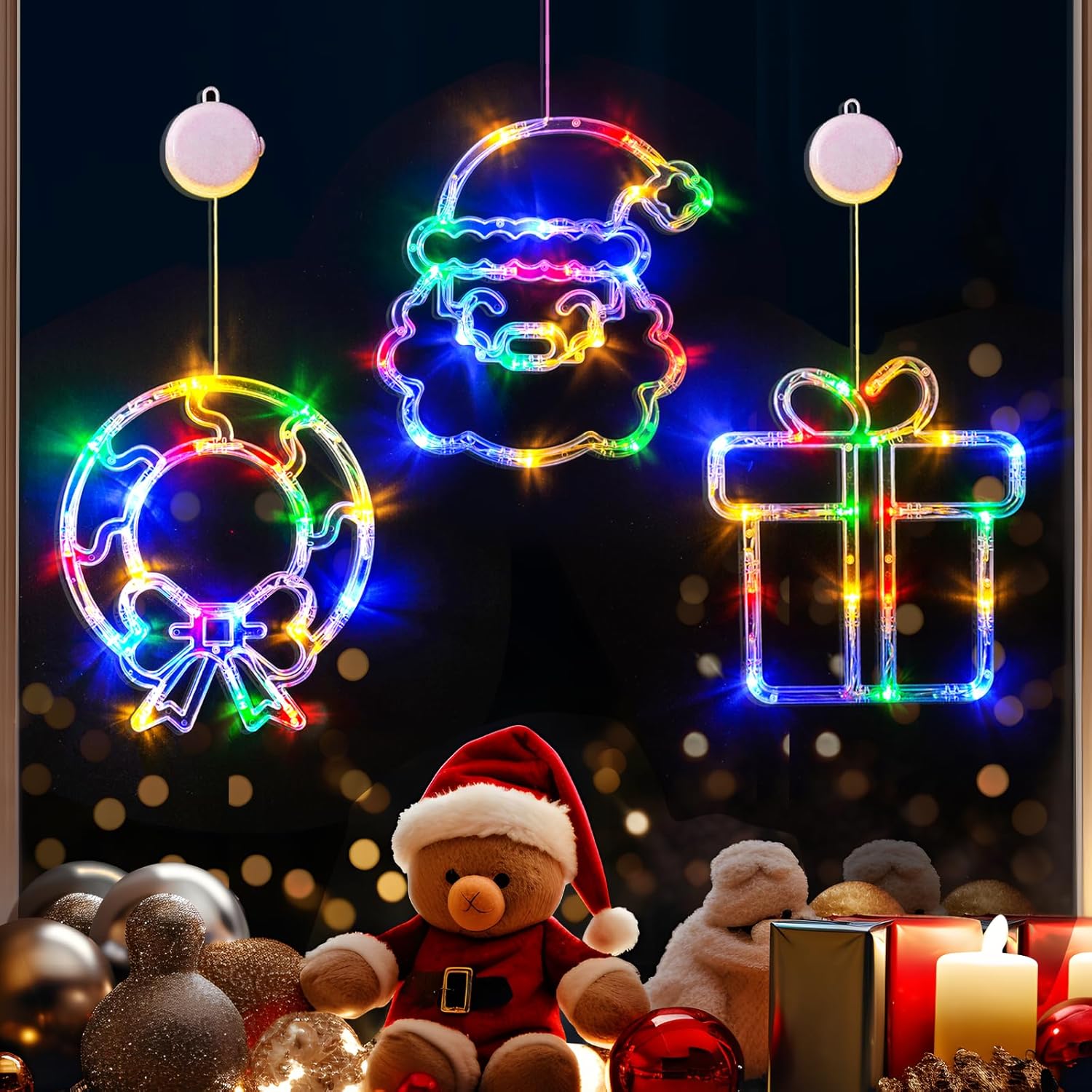 LOL 3 Pack Christmas Window Lights - Wreath, Gift Box & Santa - Battery Operated