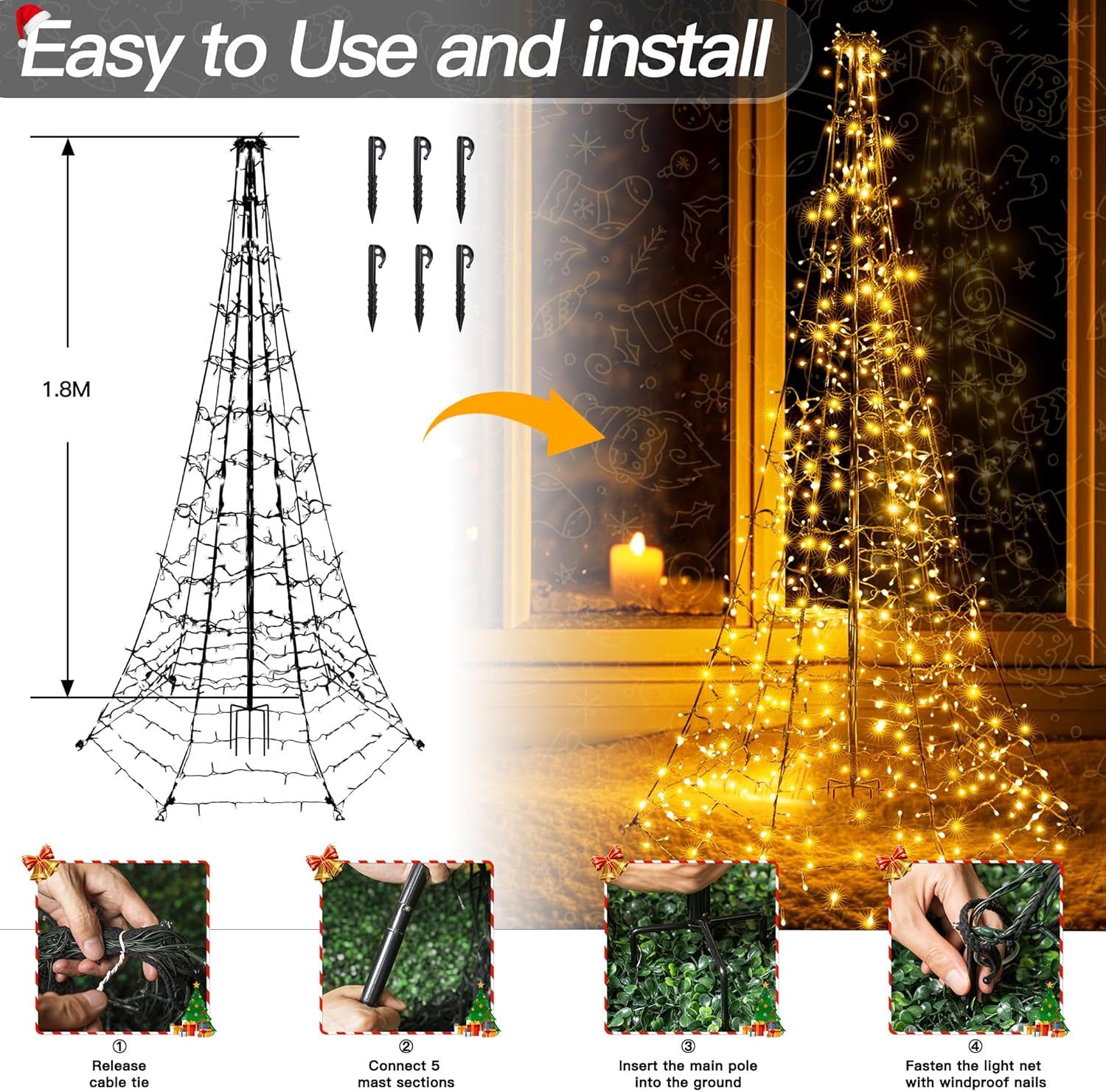 Warm white outdoor Christmas tree light display