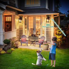 Outdoor scene with a child and dog in a garden, featuring a security camera with detection angle label.