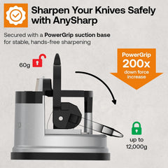 AnySharp Knife Sharpener – PowerGrip Suction Base | Hands-Free Safety | Sharpens All Kitchen Knives | Ideal for Hardened Steel & Serrated