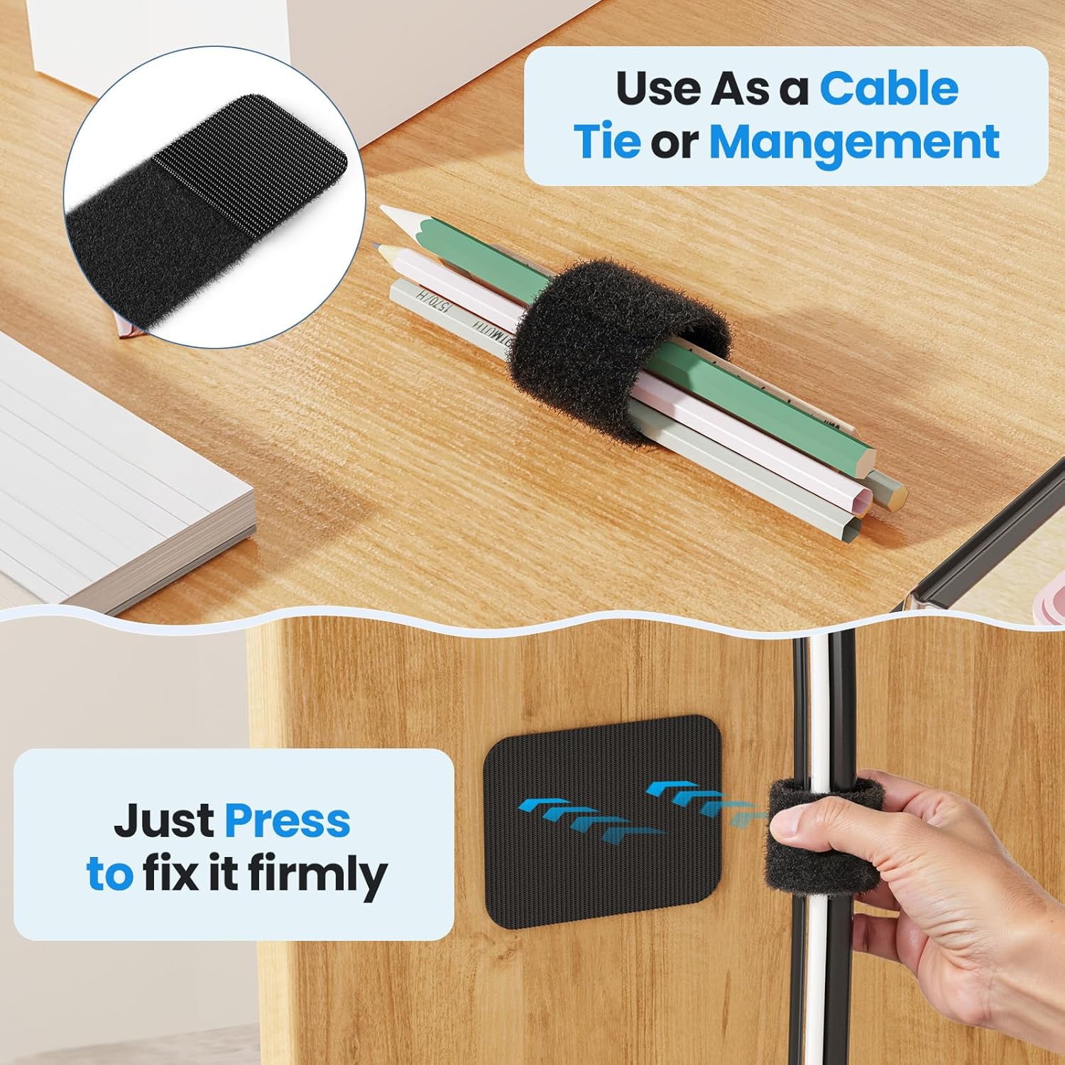 Under Desk Cable Management Kit – 20 Pair Adjustable Cord Organizer, Black