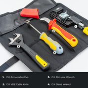C.K Tools Complete SWA Termination Kit for Professional Electricians - Includes Armourslice Evo Armoured Cable Stripper, VDE Sheath Knife, Slim Jaw Wrench, Gland Wrench in Handy Tool Roll, CK T5992