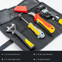 C.K Tools Complete SWA Termination Kit for Professional Electricians - Includes Armourslice Evo Armoured Cable Stripper, VDE Sheath Knife, Slim Jaw Wrench, Gland Wrench in Handy Tool Roll, CK T5992