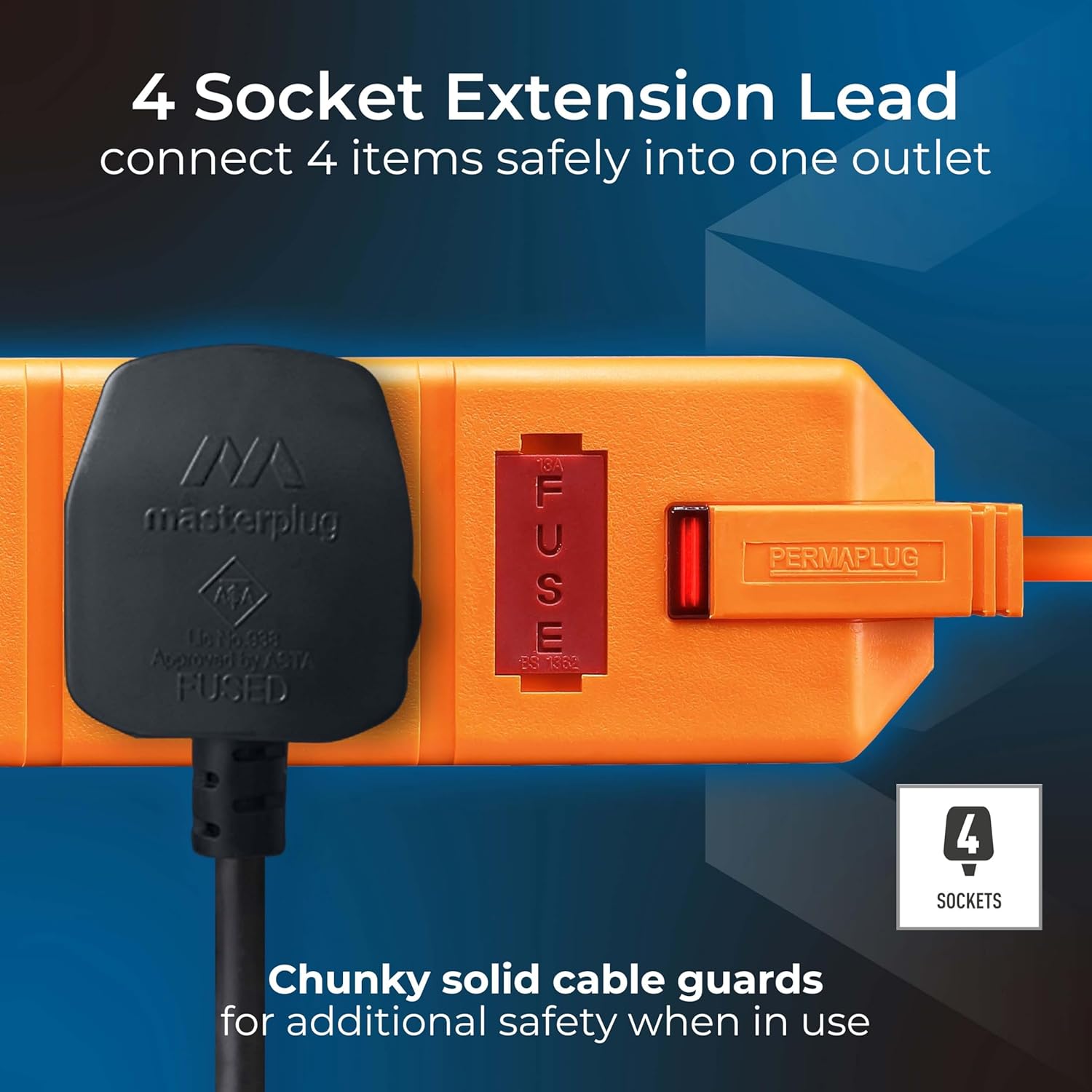 Masterplug 4 Socket Extension Lead 2m Orange 13A