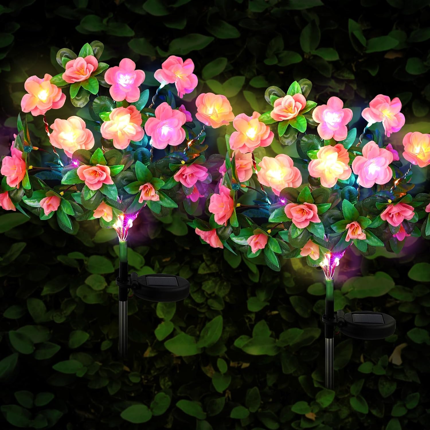 Solar Lights Outdoor Garden - 2 Pack Rhododendron, 21-Flower Solar Powered Waterproof Garden Ornaments (Purple)