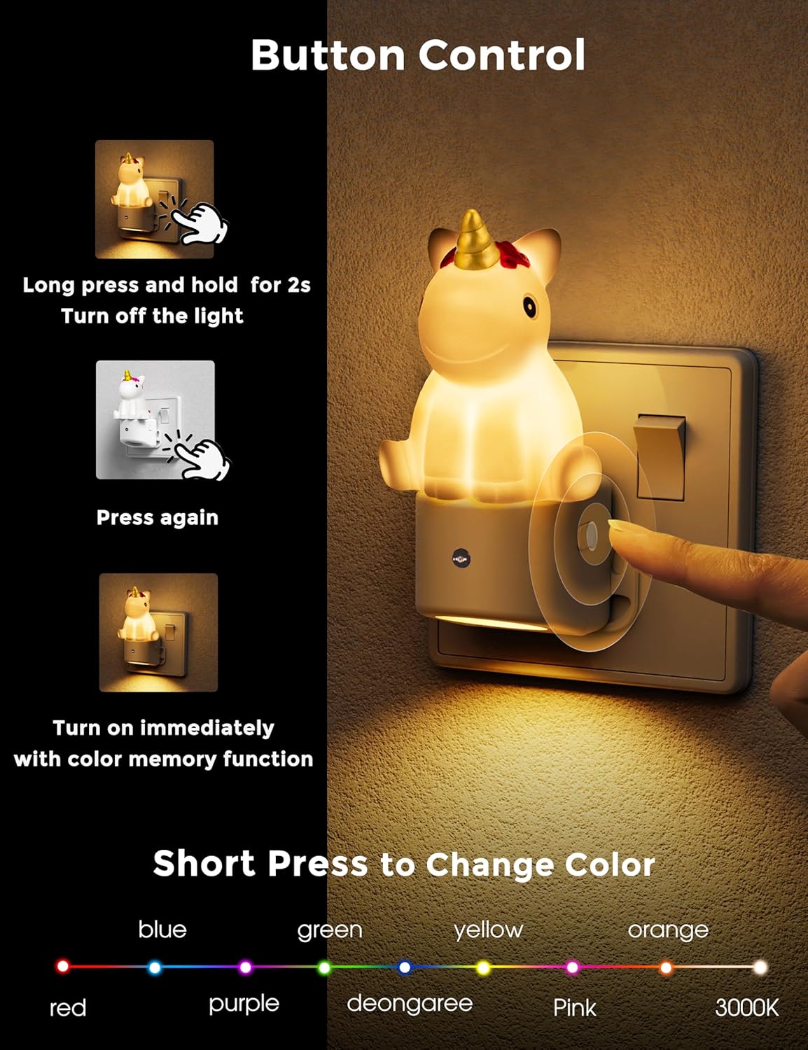 LED Night Light Plug in Wall – 3D Cute Design with Dusk to Dawn Sensor – RGB + Soft White 3000K for Bedroom, Nursery, Hallway