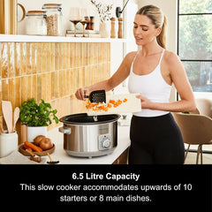 Sear & Stew 6.5L Aluminium Slow Cooker – Brushed Stainless Steel, Hob-Proof Pot, Dishwasher Safe, 163W