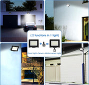 Collage of outdoor flood lights in various settings with text indicating dual function.