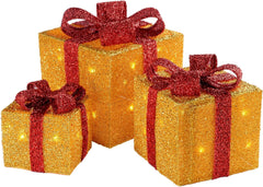 Gift Box Silhouette with 35 Warm White LED Lights and Tinsel Christmas Decoration - White, Set of 3