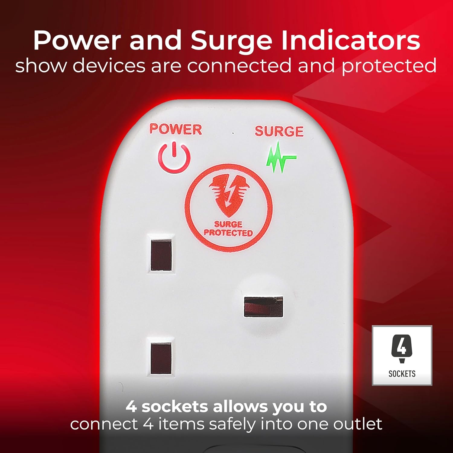 4 Socket Surge Protected Extension Lead, 4m Power Strip, Masterplug ...