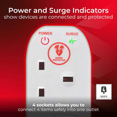 Masterplug Four Socket Extension Lead, 4 Metre Cable, Surge Protection, Power and Surge LED Indicators, Unswitched, 4-Way Plug Extension Cable, Power Strip, White, 13A, 4G, 4m, SRG44N