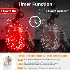 2 Pack Red Fairy Lights Battery Operated with Timer, 2M 20 LED Waterproof Silver Wire String Lights for Indoor Party, Wedding & Valentine’s Day Decor