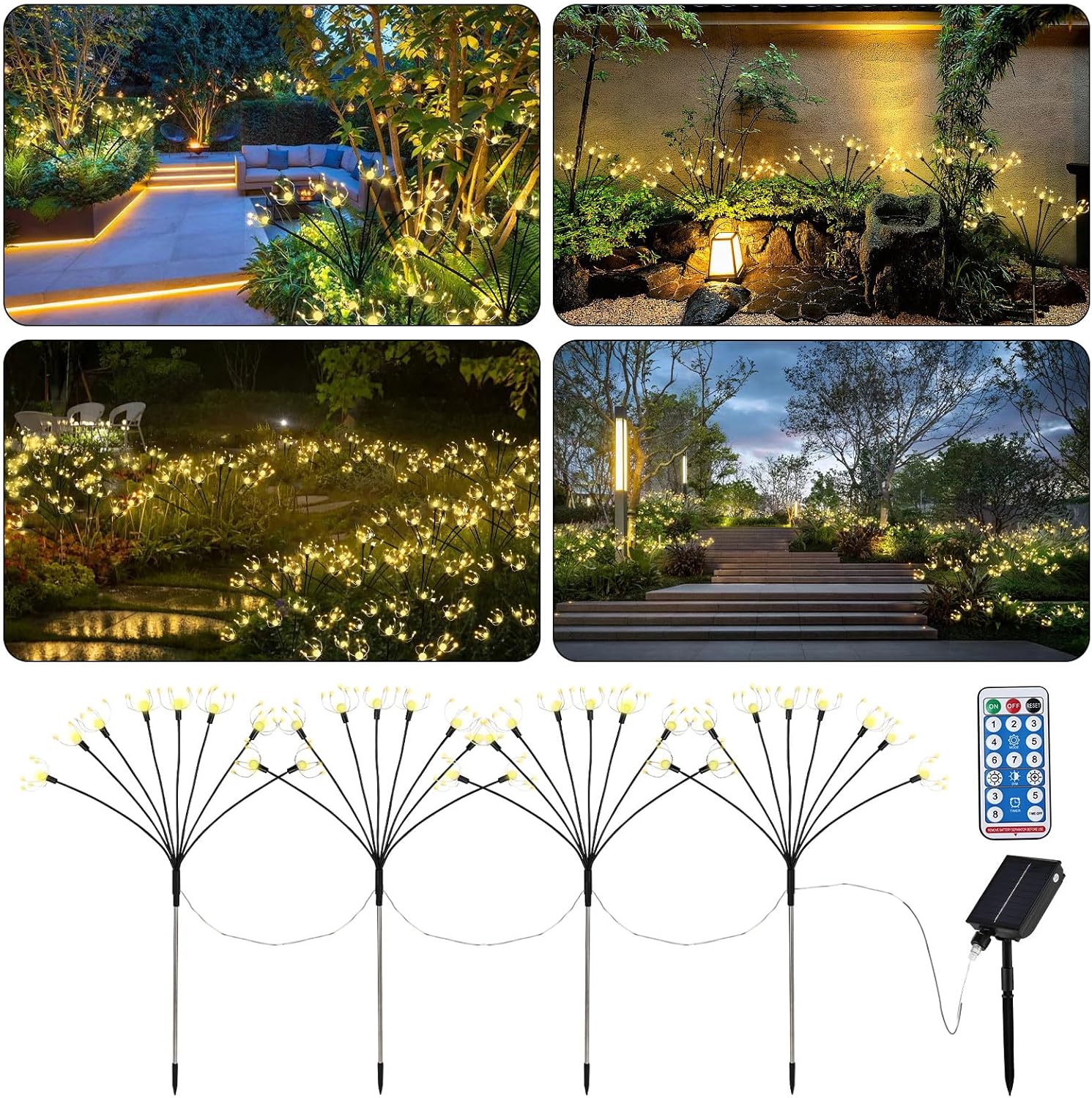 Solar Lights Outdoor Garden, 4 Pack 192 LEDs Solar Garden Lights, Swaying Firefly Lights, Decorative Solar Lights Garden Ornaments, Waterproof, Remote Control, Timer, Dimmer, 8 Modes