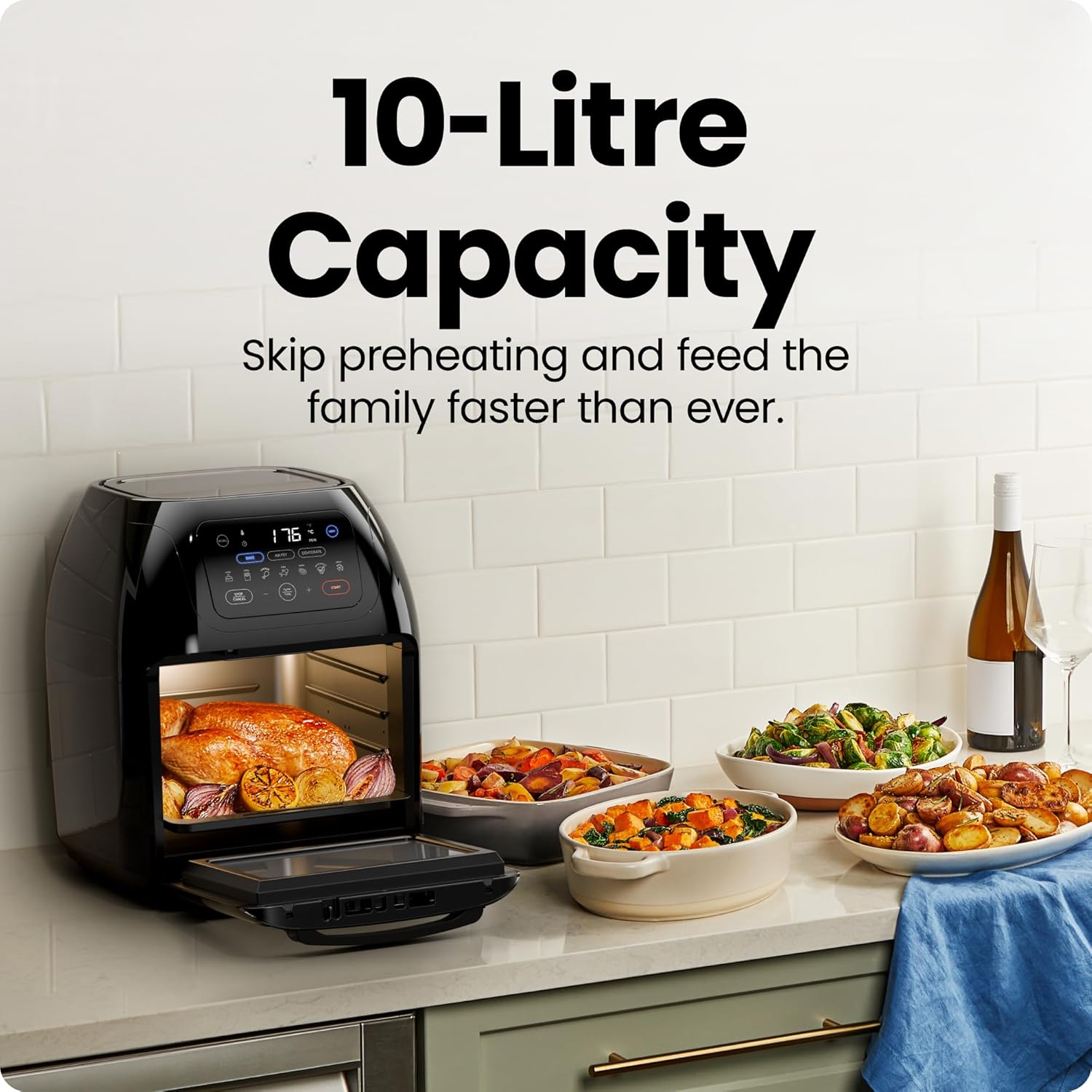 5-in-1 Air Fryer Oven with Rotisserie 10L, 1800W – 17 Presets, Bake, Roast, Dehydrate, Family Size with View Window