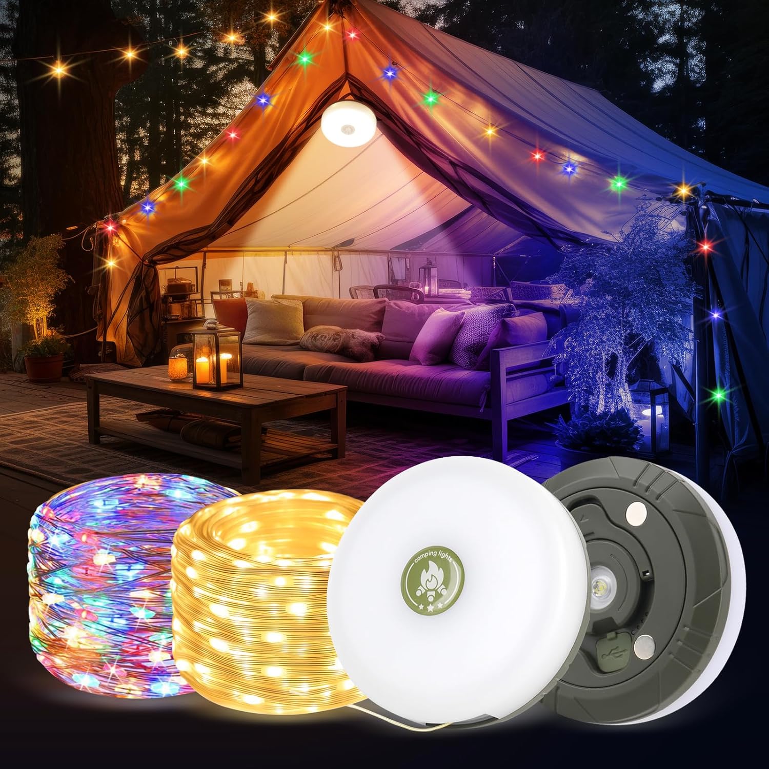 Camping String Lights, 32.8Ft Camping String Lights Reel with 8 Mode, USB Rechargeable Camping Fairy Lights, 5 in 1Portable Stowable String Light for Campsite Awning Bedroom Car