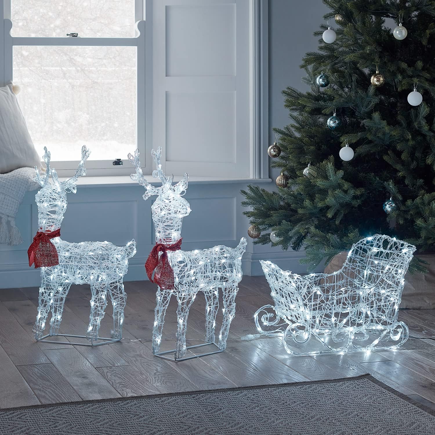 Christmas Reindeer & Sleigh Light Decoration with 240 White LEDs – Battery Operated