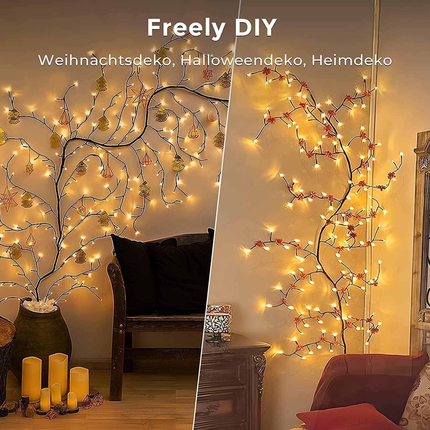 Warm White LED Willow Vine Wall Lights Set of 2, Plug-In Twig Fairy Lights for Indoor Bedroom and Living Room Décor