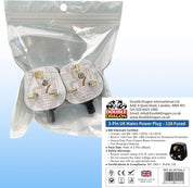 Two power plugs in a clear plastic bag with Double Dragon branding on a light blue background.