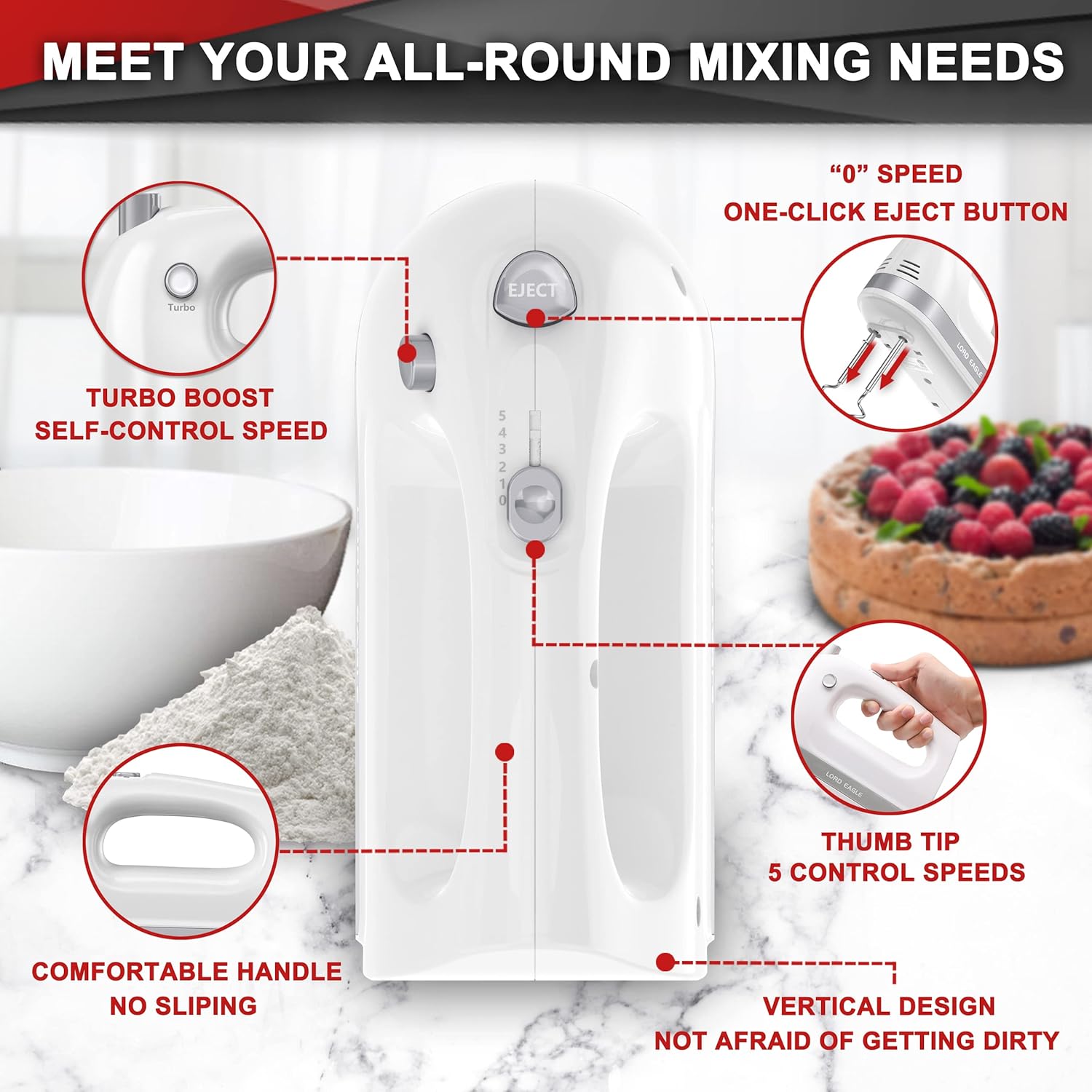 400W Hand Mixer Electric Whisk – 5 Speeds, Turbo Boost & Eject Button, 5 Accessories for Baking Cake, Egg & Cream