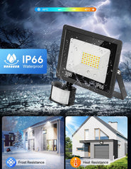 Outdoor flood light with IP66 rating on a snowy night background