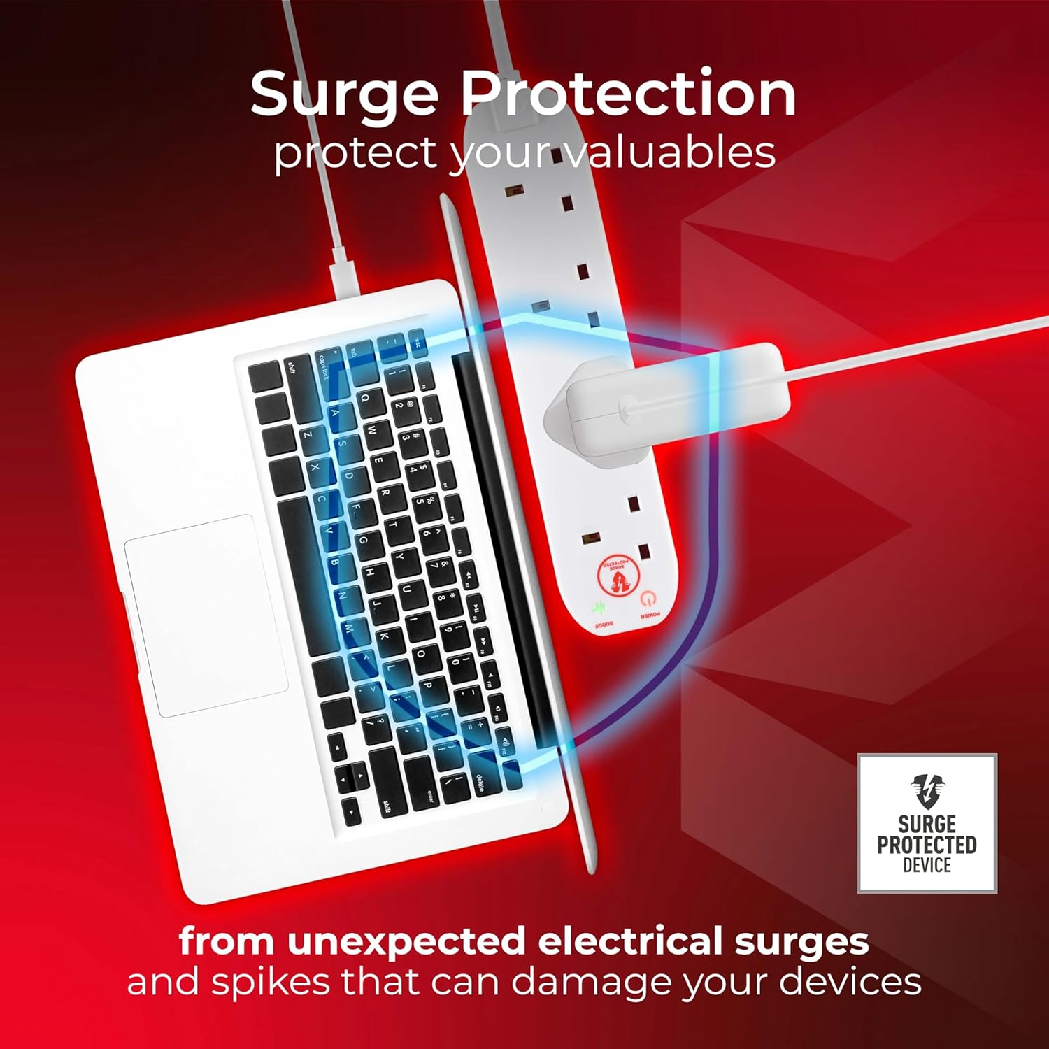 Masterplug Four Socket Extension Lead, 4 Metre Cable, Surge Protection, Power and Surge LED Indicators, Unswitched, 4-Way Plug Extension Cable, Power Strip, White, 13A, 4G, 4m, SRG44N