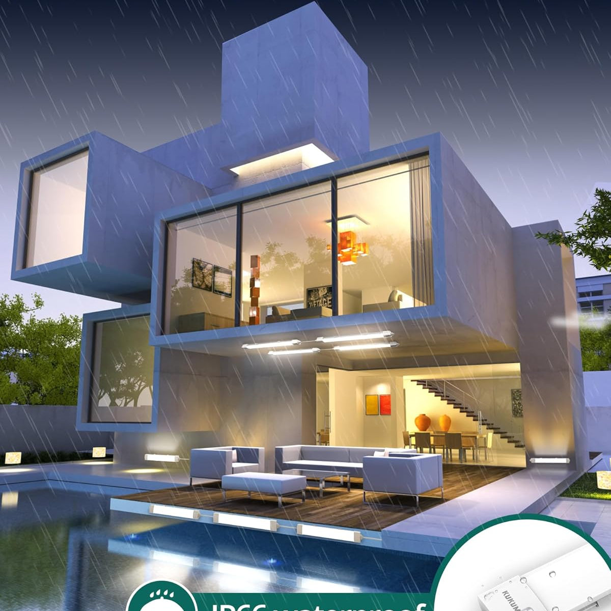 Modern house with a pool at night, featuring IP66 waterproof technology.