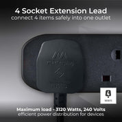 Masterplug Four Socket Extension Lead, 5 Metre Cable, Unswitched, 4-Way Plug Extension Cable, Power Strip, Basic Power, Black, 13A, 4G, 5m, BFG5NB
