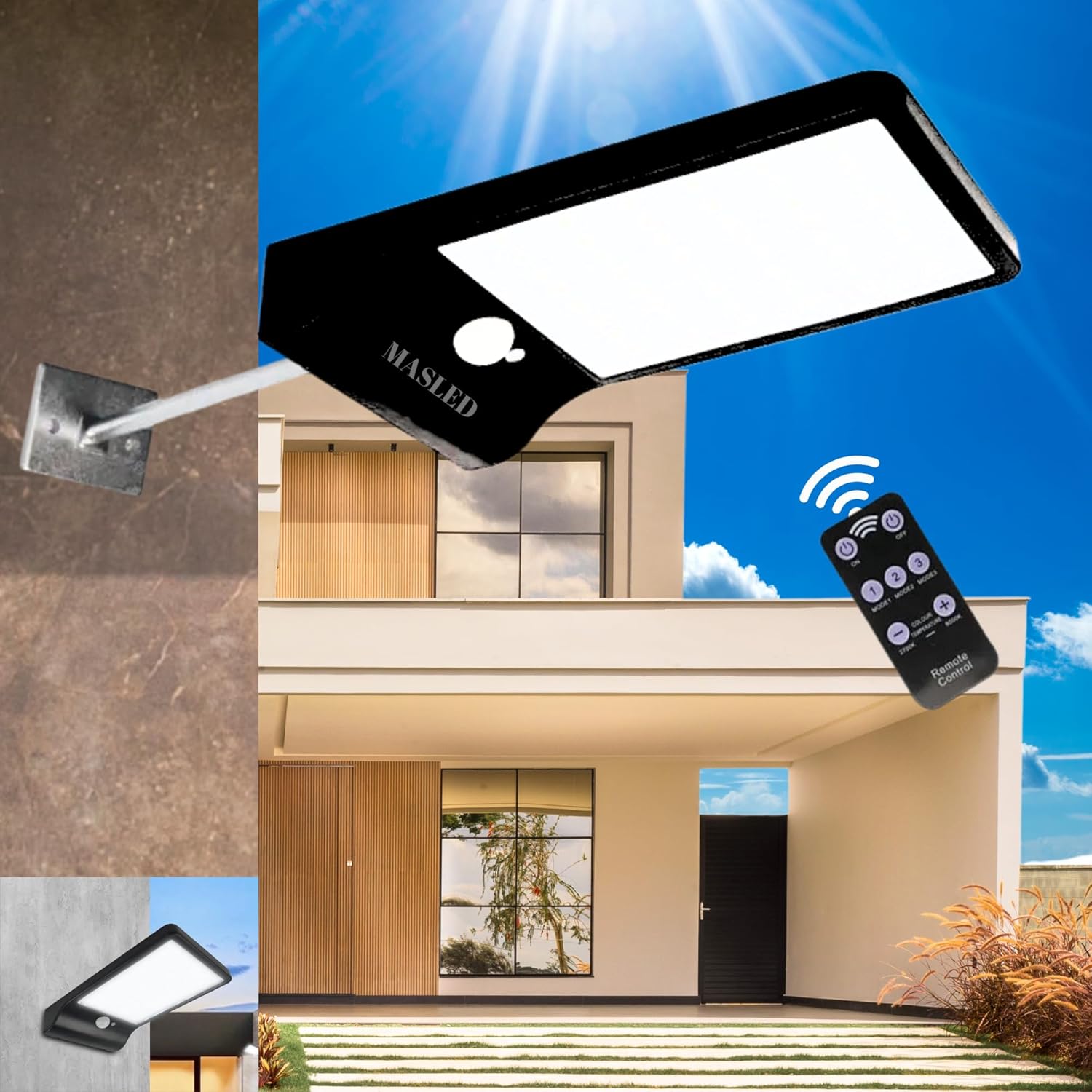 Solar Security Lights with Motion Sensor and Remote: 3 Modes, Adjustable Light Color & Brightness, Wall & Pole Mount – Ideal for Garden and Outdoor Use (Black)