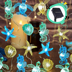 Outdoor Solar Fairy Lights – Ocean Theme with Seahorse, Sea Turtle, Starfish, and Shell Designs, 40 LEDs, 14ft, Perfect for Gardens and Balconies