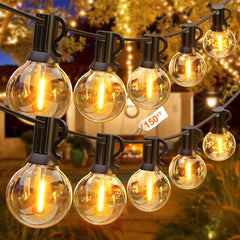 GLUROO 50ft Outdoor LED String Lights – Mains-Powered Festoon Lights with 26 Shatterproof Plastic G40 Bulbs, IP45 Waterproof for Garden, Backyard, and Bistro