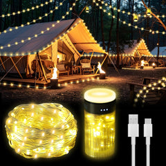 32.8ft Camping String Lights - Portable and USB Rechargeable, with Adjustable Brightness. Ideal for camping, yard, or hiking, featuring warm light.