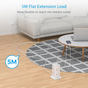 8-Way Tower Extension Lead 5M with USB-C & USB Ports, Surge Protected Power Strip