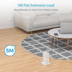 8-Way Tower Extension Lead 5M with USB-C & USB Ports, Surge Protected Power Strip