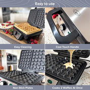 Two Slice Deep Fill Waffle Maker – Non-Stick Plates, Adjustable Temperature, Stainless Steel, Cool Touch Handle, 1000W UK