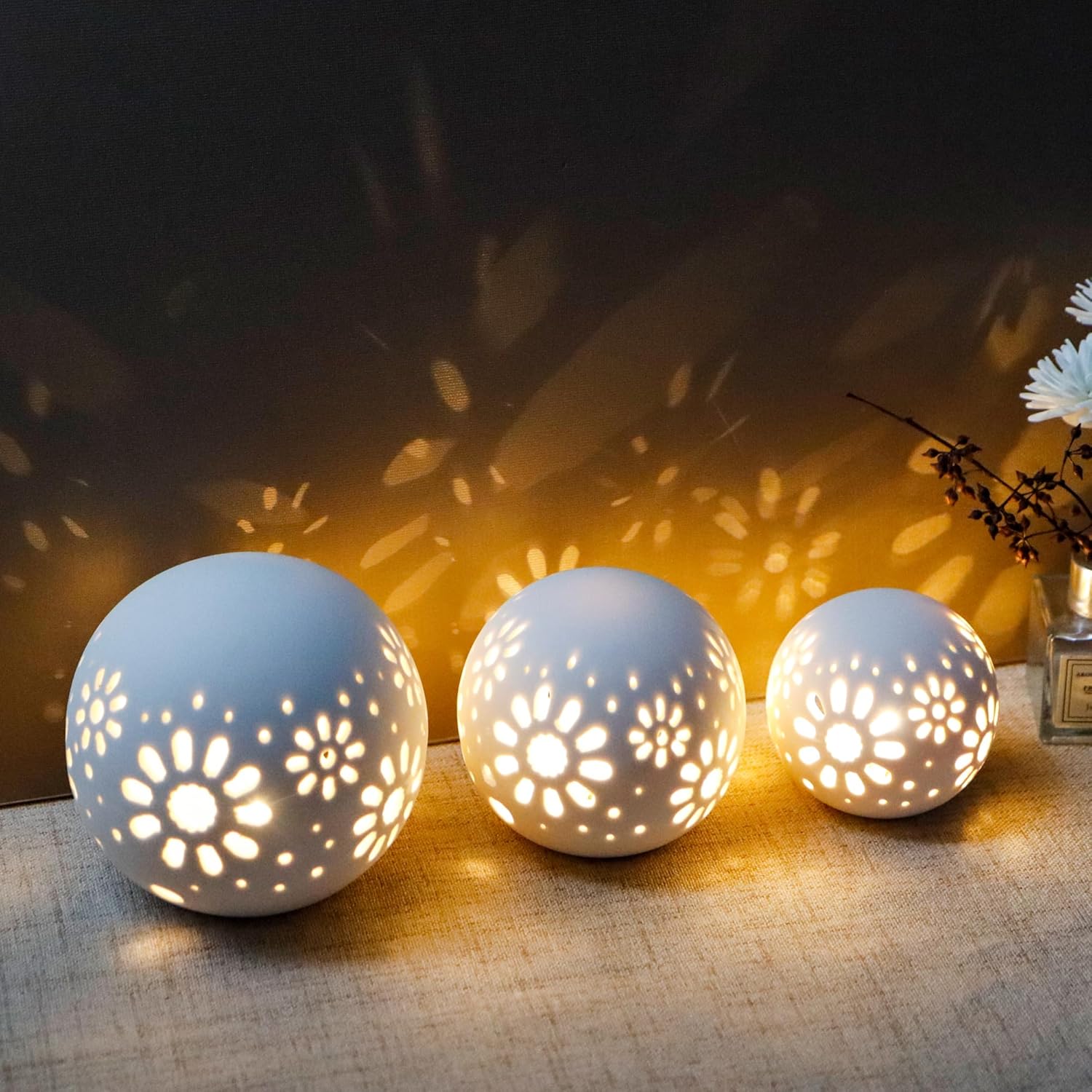 Set of 3 Ceramic Floral Carved Battery Powered Lantern Lamps, Cordless Decorative Table Lights for Living Room, Bedroom, Weddings, Parties & Outdoor Decor (Round)