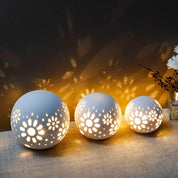 Set of 3 Ceramic Floral Carved Battery Powered Lantern Lamps, Cordless Decorative Table Lights for Living Room, Bedroom, Weddings, Parties & Outdoor Decor (Round)
